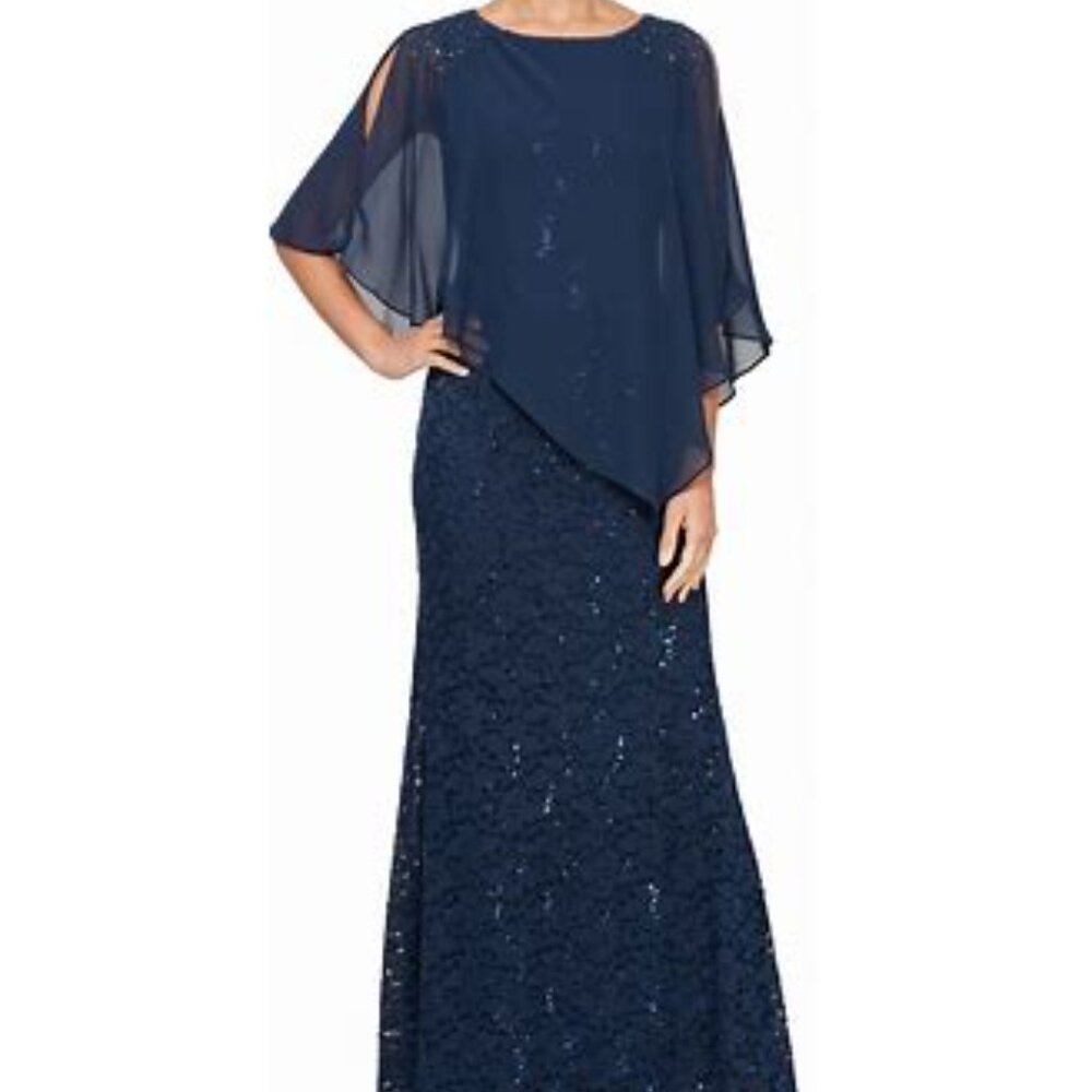 SLNY NEW Navy Blue Beaded Sequin Lace Capelet Maxi Gown Dress Size 6